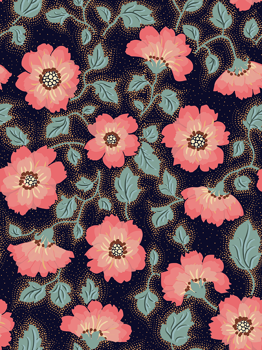 Floral Vintage Nostalgia Dark peel and stick wallpaper room mockup